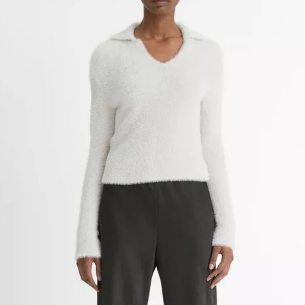 Vince Eyelash Polo Sweater Long Sleeve Soft FuzzyTexture Light Birch Stone M NWT - Picture 2 of 14